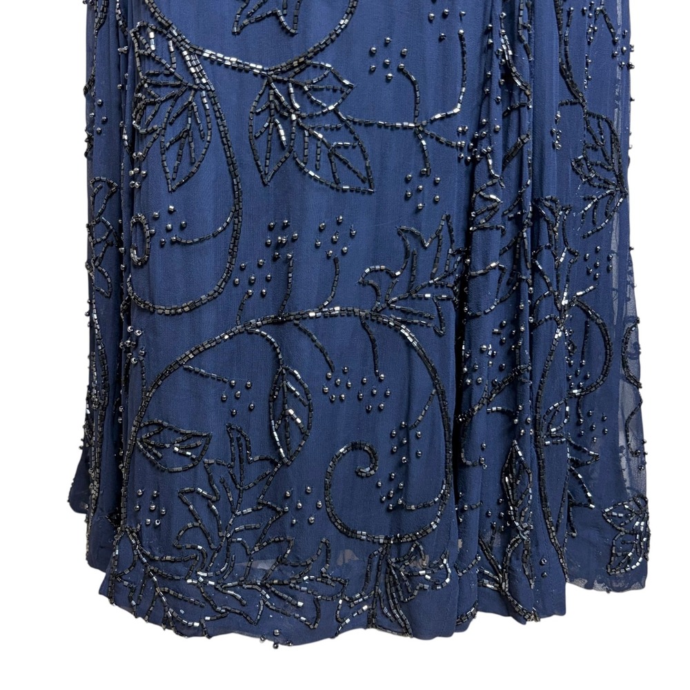 Vintage 90s Y2K Beaded Silk Evening Gown S/M Navy Formal Whimsigoth Dress - Picture 7 of 8